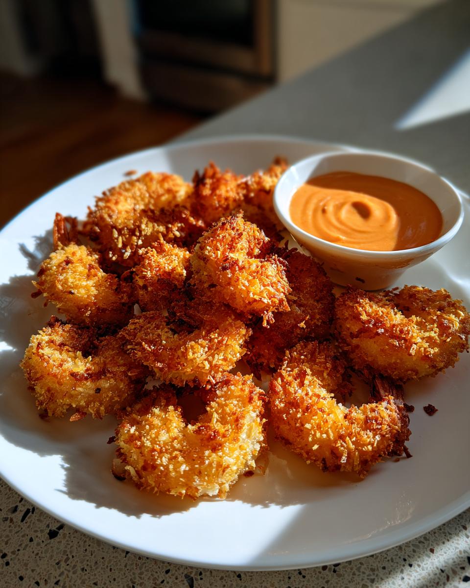 A plate of golden brown, crispy coconut shrimp served with a small bowl of orange dipping sauce.