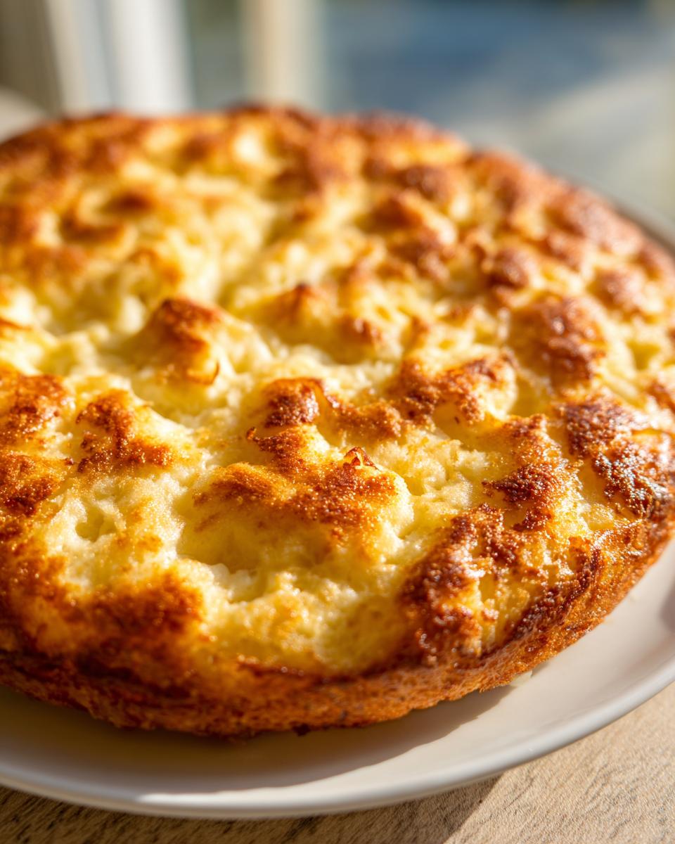 Close-up of a golden brown, fluffy baked keto pizza crust resting on a white plate.