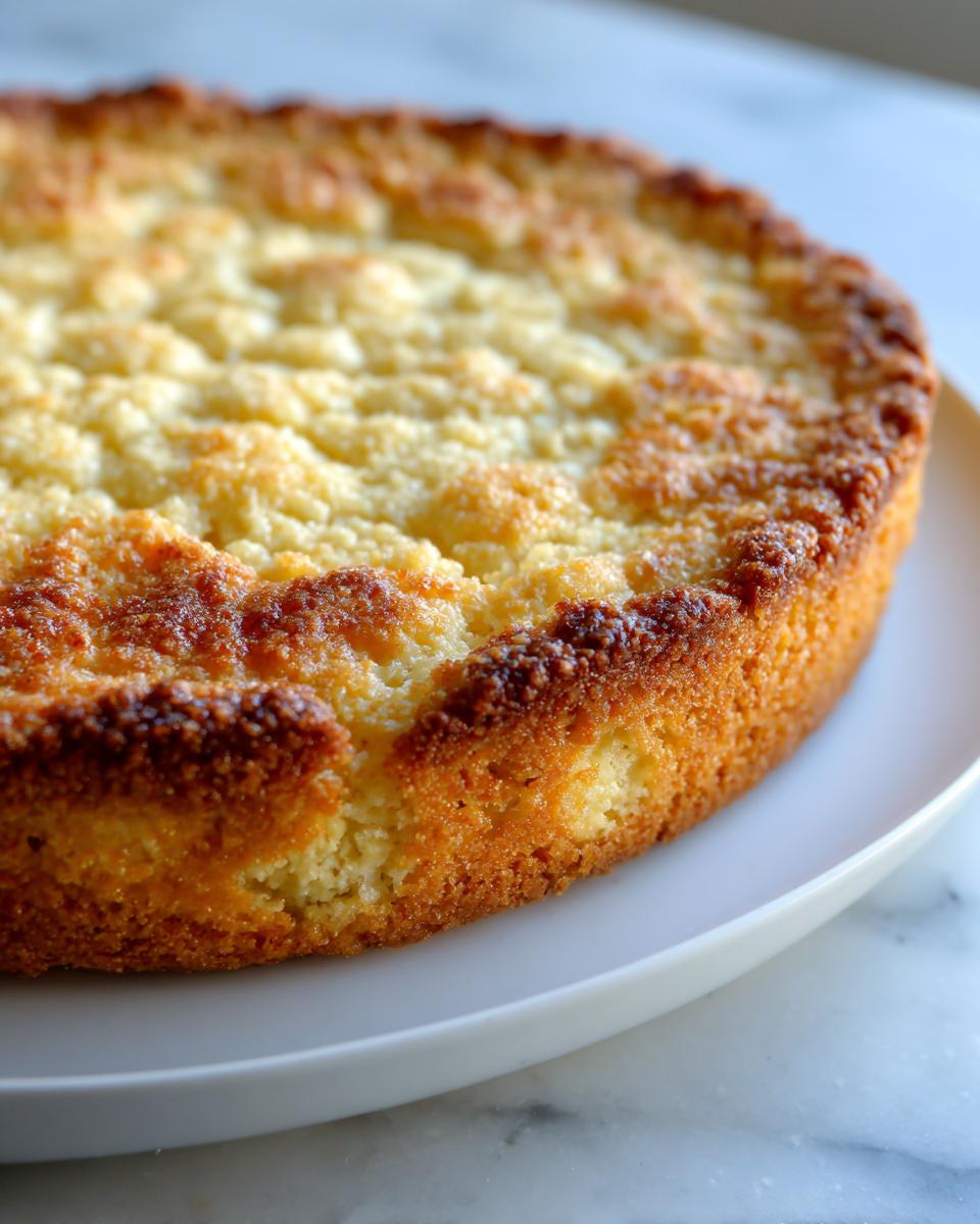 Close-up of a golden brown, baked round keto pizza crust on a white plate.