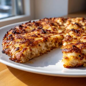 Close-up of a golden brown, baked keto pizza crust with a slice partially removed on a white plate.