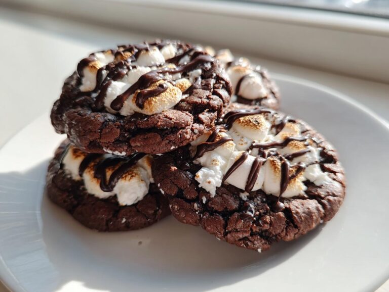 A stack of three rich, dark chocolate hot chocolate cookies topped with toasted marshmallows and a chocolate drizzle.
