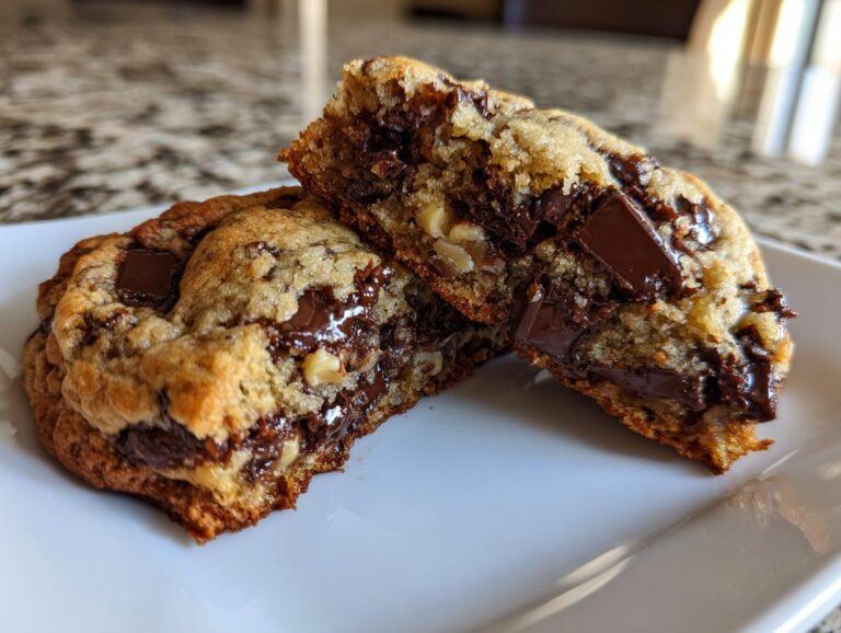 A thick levain bakery chocolate chip cookie cut in half showing a gooey, melted chocolate interior and chunks of nuts.