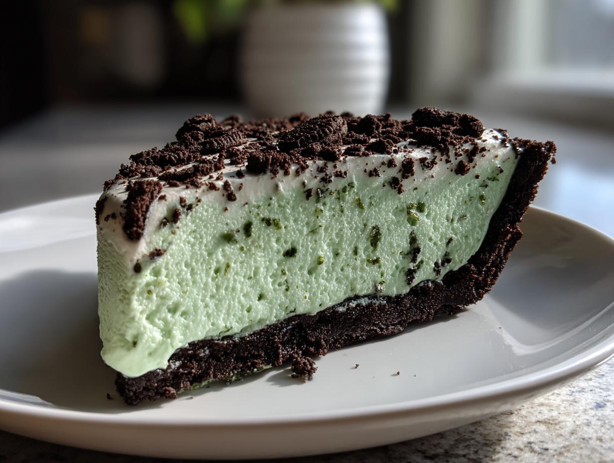 A thick slice of light green grasshopper pie with a dark chocolate crust, topped with whipped cream and cookie crumbs.