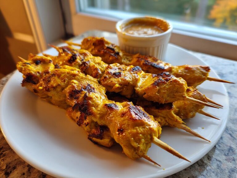 Close-up of golden grilled chicken satay skewers served on a white plate next to a small ramekin of peanut sauce.