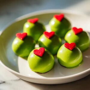 Close-up of several bright green Grinch Oreo Balls topped with small red candy hearts on a white plate.