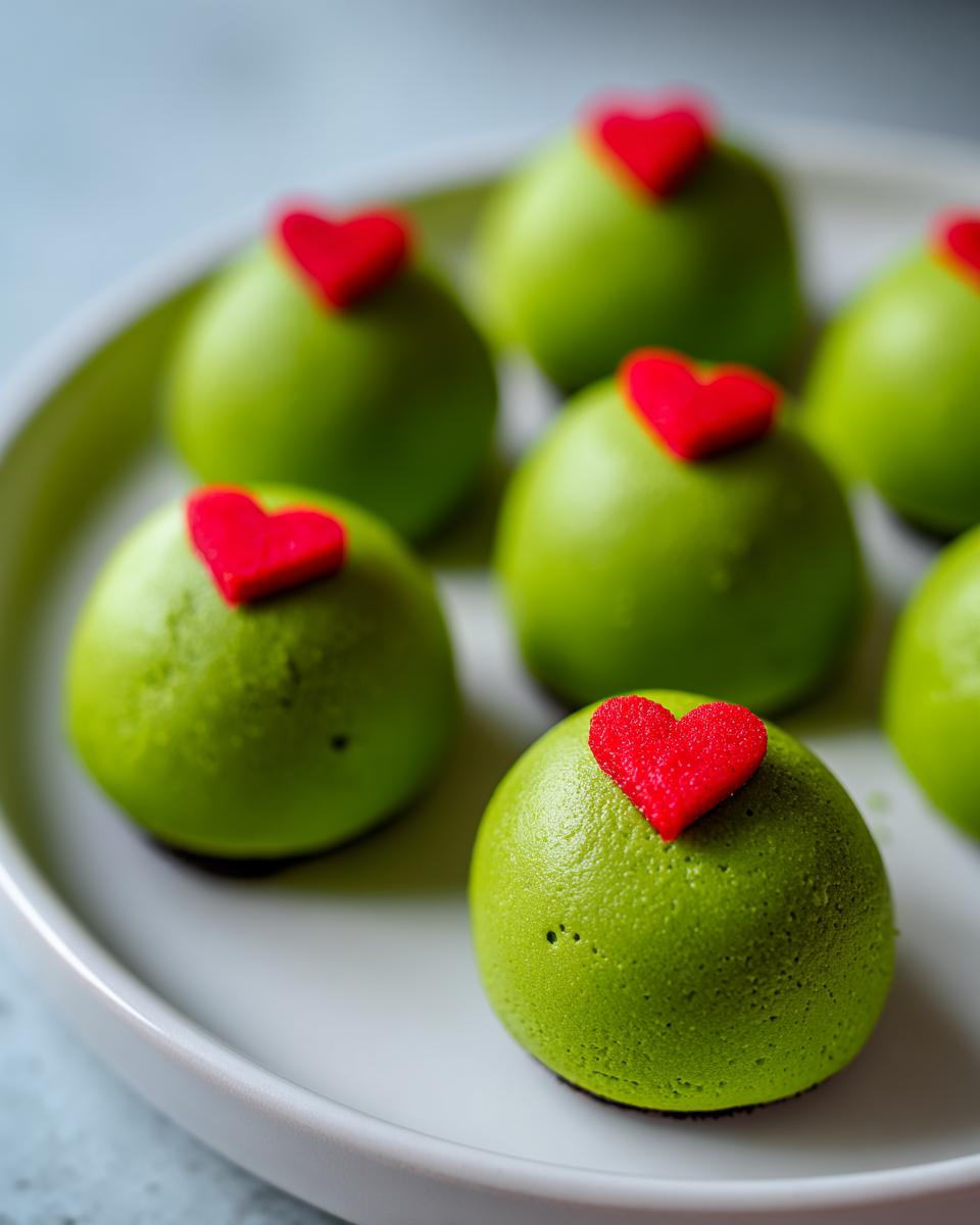 Close-up of bright green Grinch Oreo Balls topped with small red heart sprinkles on a white plate.