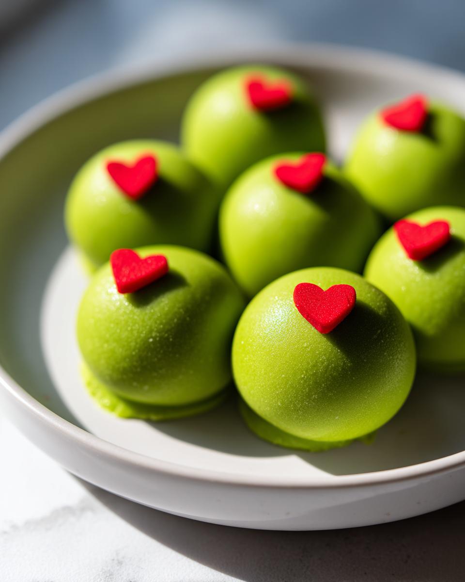 Close-up of bright green Grinch Oreo Balls topped with small red heart sprinkles on a light gray plate.