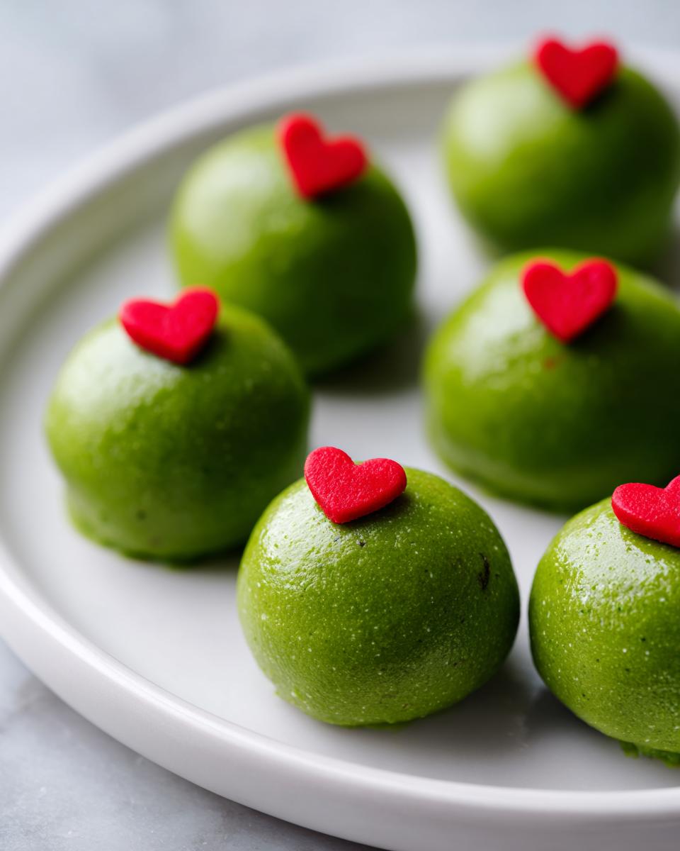 Several bright green Grinch Oreo Balls topped with small red candy hearts arranged on a white plate.