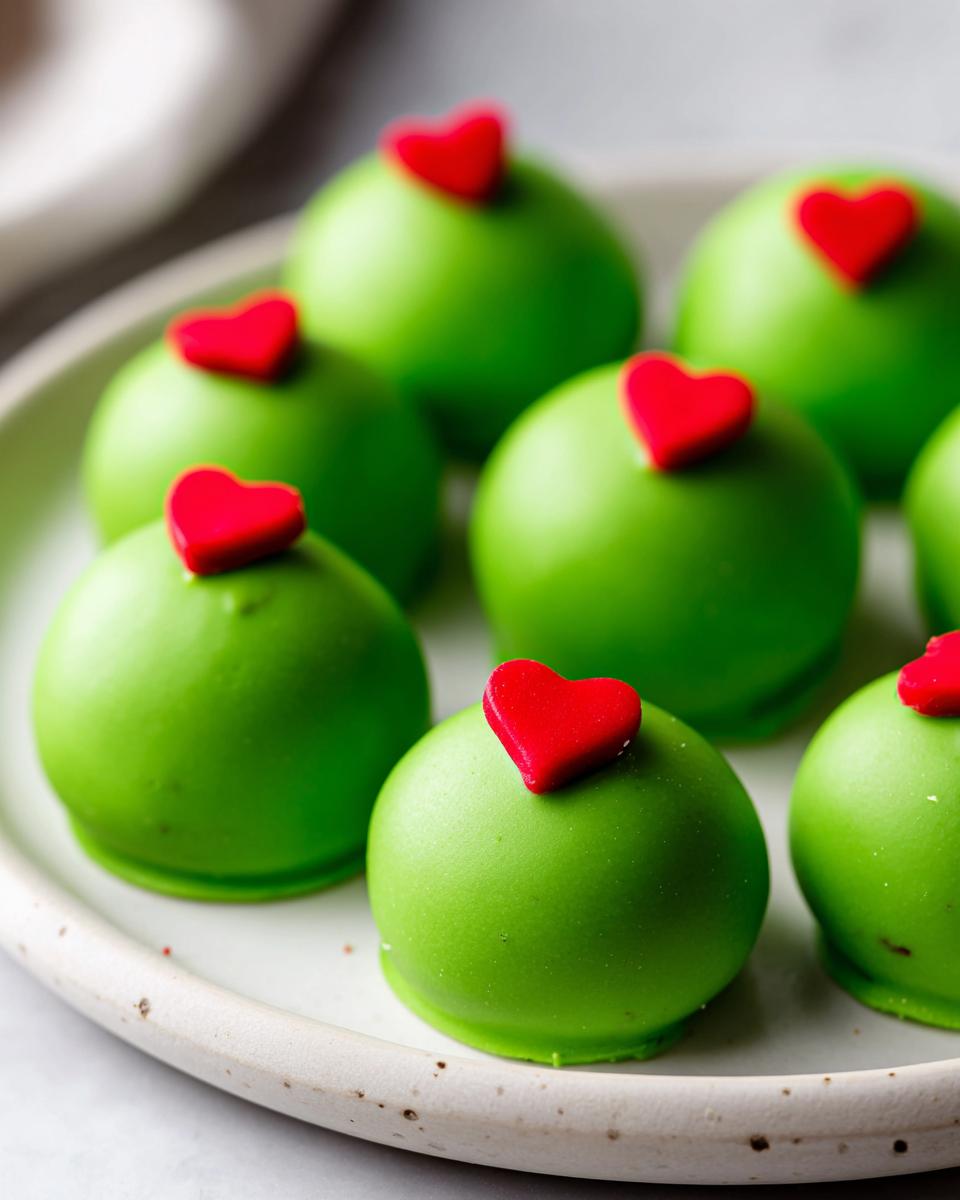 Close-up of several bright green Grinch Oreo Balls topped with small red candy hearts on a speckled white plate.