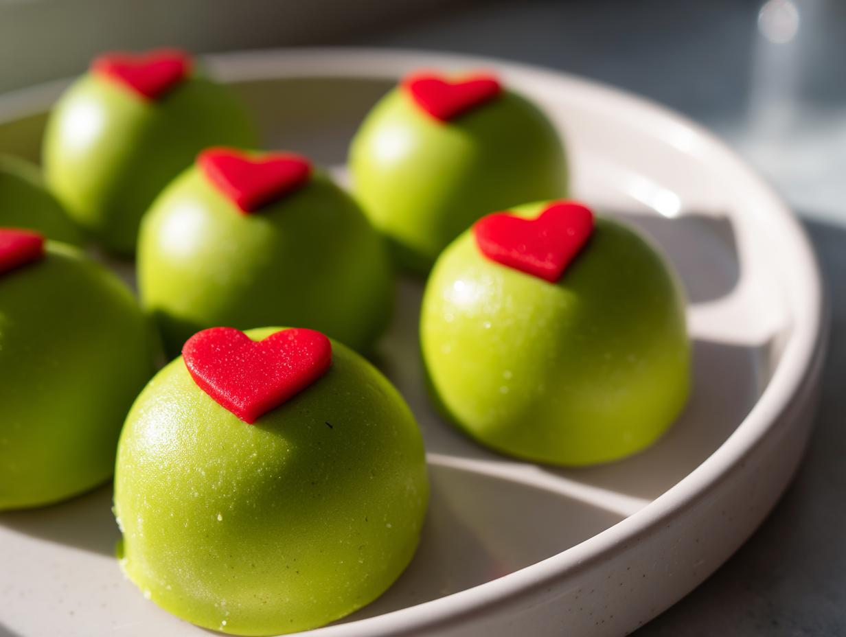 Close-up of several bright green Grinch Oreo Balls topped with small red hearts, arranged on a light plate.