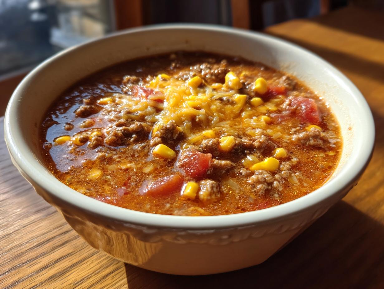 A close-up of a white bowl filled with rich, tomato-based cowboy soup, featuring ground beef, corn, and melted cheddar cheese.
