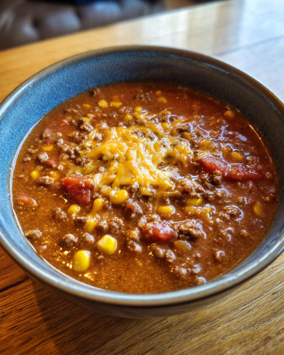 A close-up of a bowl of hearty cowboy soup, featuring ground beef, corn, tomatoes, and topped with melted cheddar cheese.