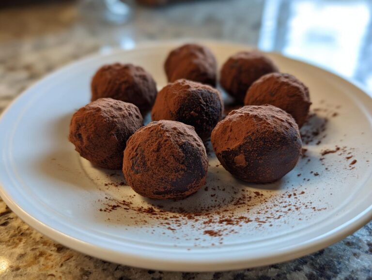 A white plate holding seven homemade Oreo balls heavily dusted with cocoa powder.