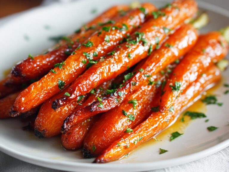 Close-up of glossy, glazed honey garlic roasted carrots sprinkled with fresh parsley on a white serving dish.