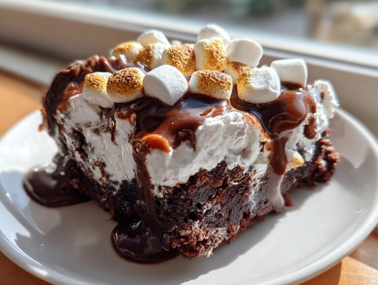 A close-up of a rich slice of hot chocolate poke cake topped with whipped cream, chocolate syrup, and toasted marshmallows.