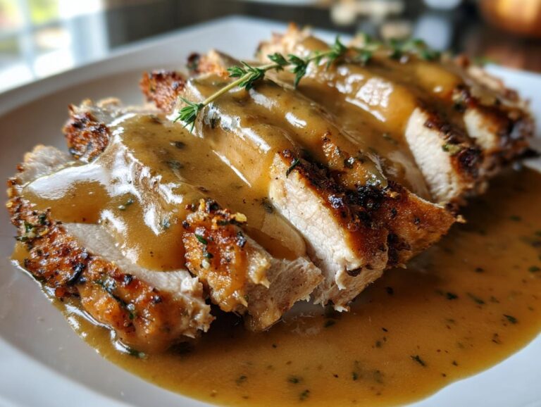 Close-up of perfectly cooked, sliced instant pot turkey breast covered in savory brown gravy and garnished with thyme.