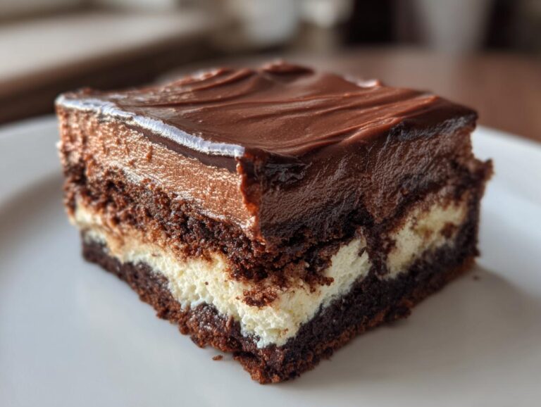 Close-up of a layered slice of amazing italian love cake featuring chocolate cake, white filling, and thick chocolate frosting.