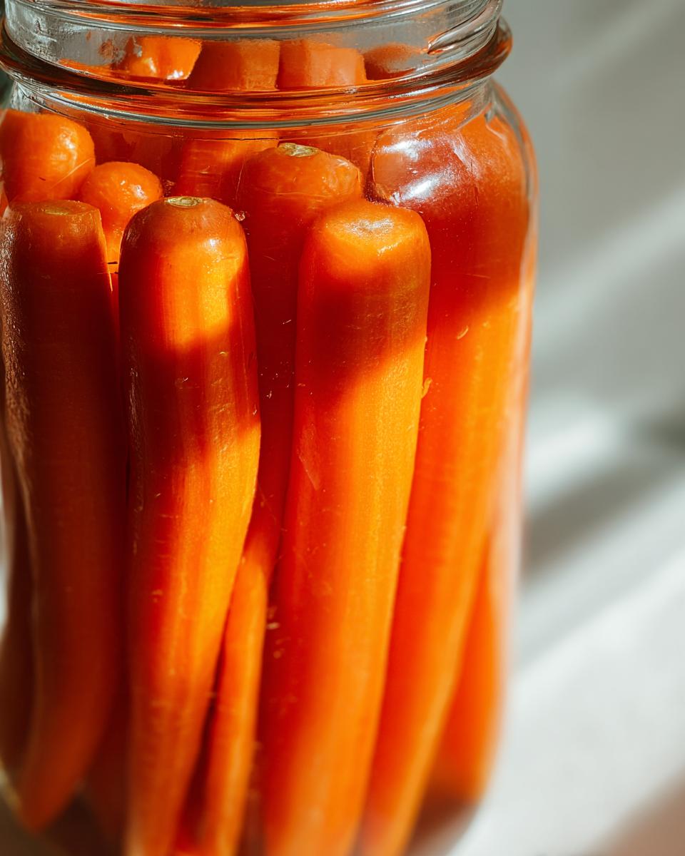 Close-up of whole, peeled carrots tightly packed inside a glass jar, ready to become pickled carrots.