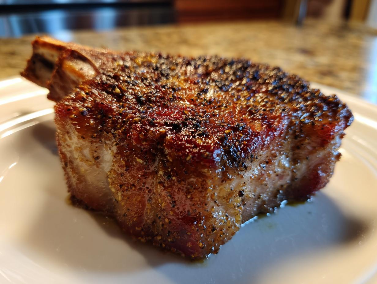 Close-up of a thick, juicy baked pork chop with a heavily seasoned, browned crust resting on a white plate.