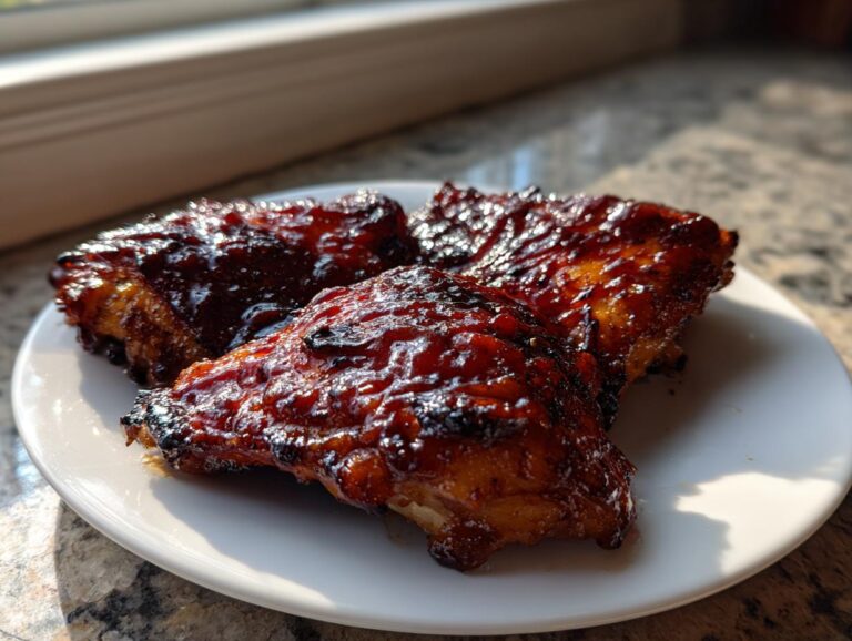 Three pieces of juicy bbq chicken coated in a thick, dark glaze resting on a white plate.