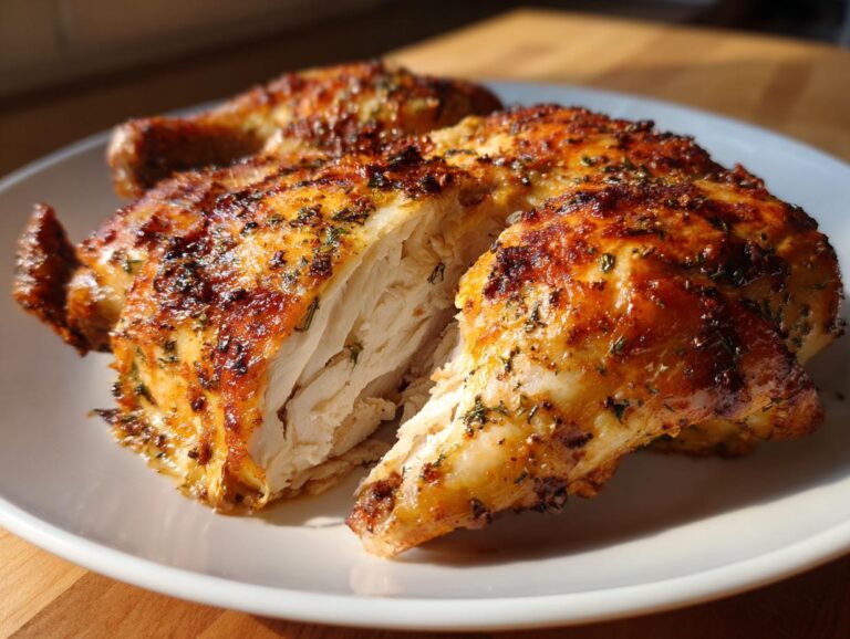 Close-up of a perfectly cooked spatchcock chicken, sliced open to show moist white meat and crispy, seasoned skin.