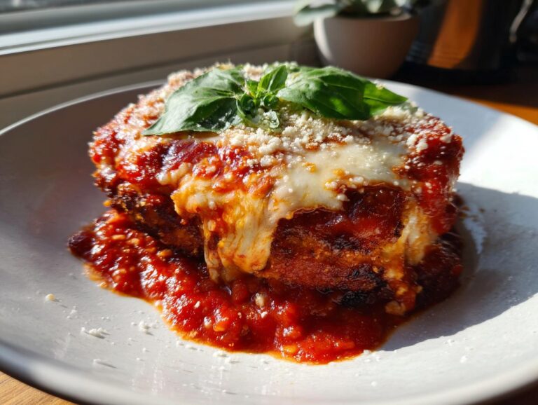 A juicy, baked keto chicken parmesan smothered in marinara sauce, melted mozzarella, and parmesan cheese, garnished with basil.