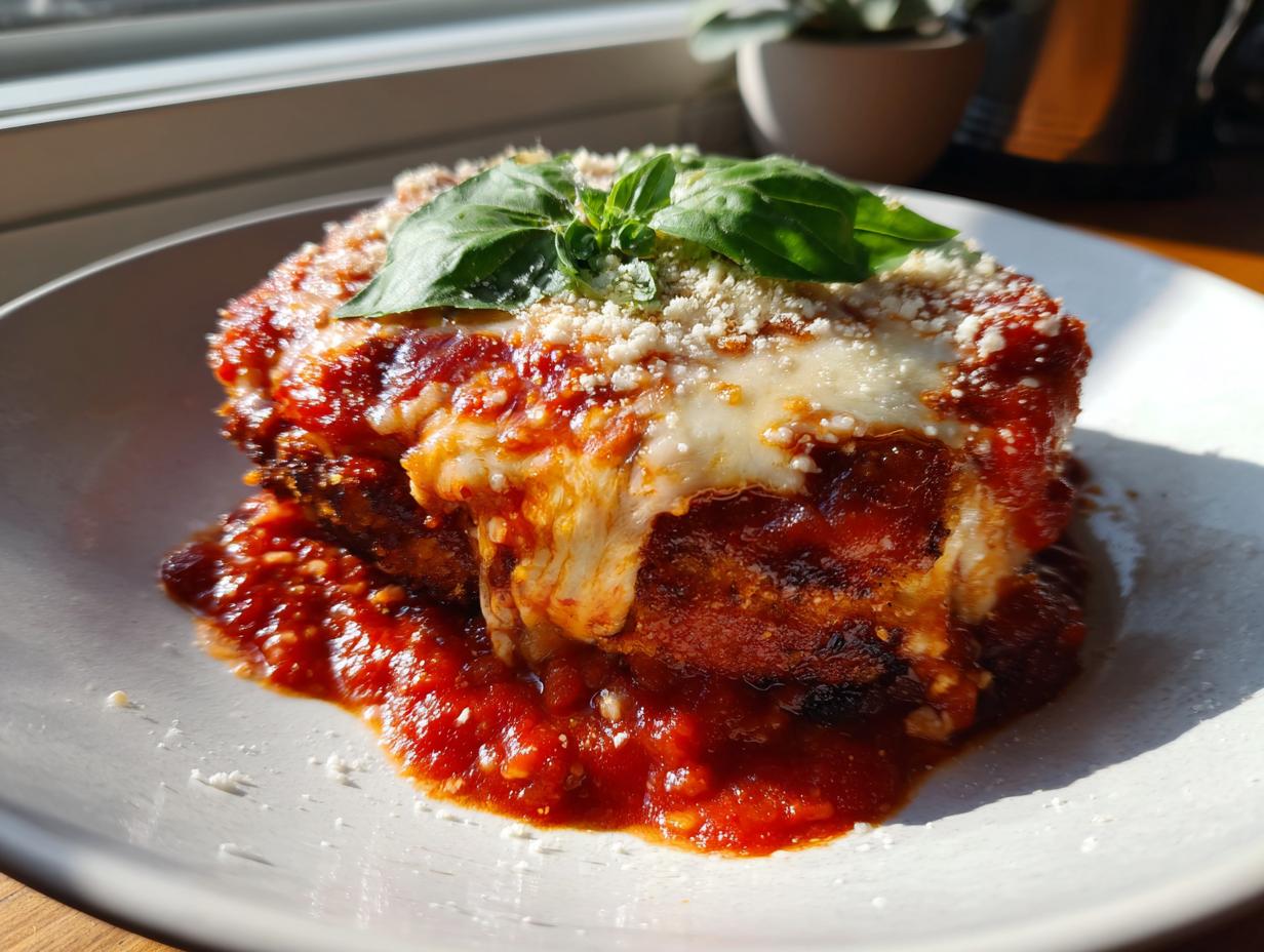 A juicy, baked keto chicken parmesan smothered in marinara sauce, melted mozzarella, and parmesan cheese, garnished with basil.