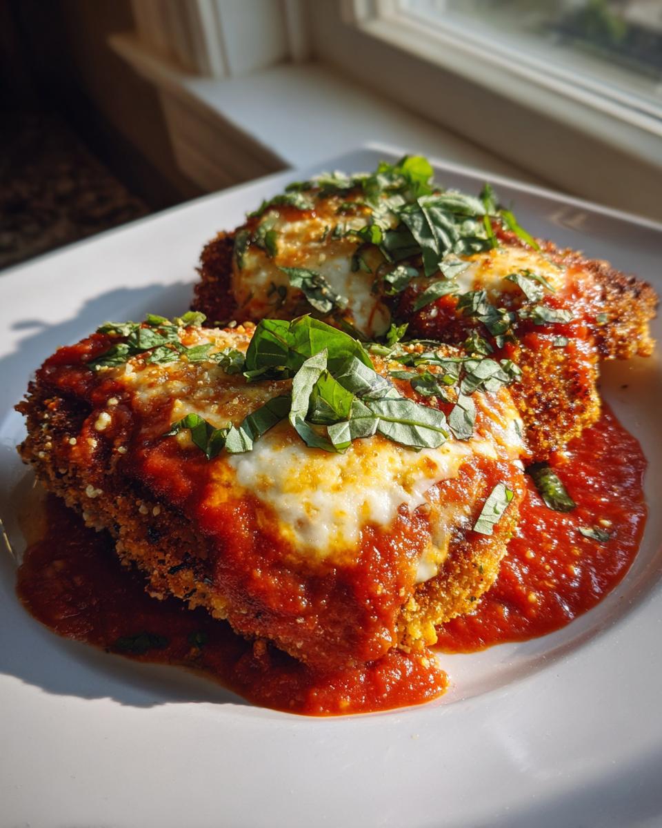 Two golden-brown pieces of keto chicken parmesan topped with melted mozzarella, marinara sauce, and fresh basil.