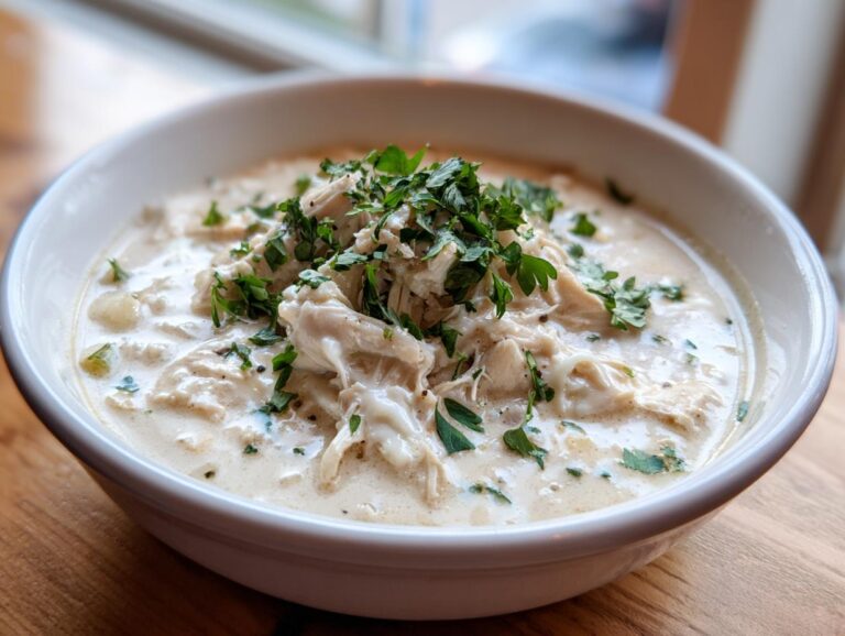Close-up of a bowl of creamy keto white chicken chili, featuring shredded chicken and garnished heavily with fresh chopped parsley.