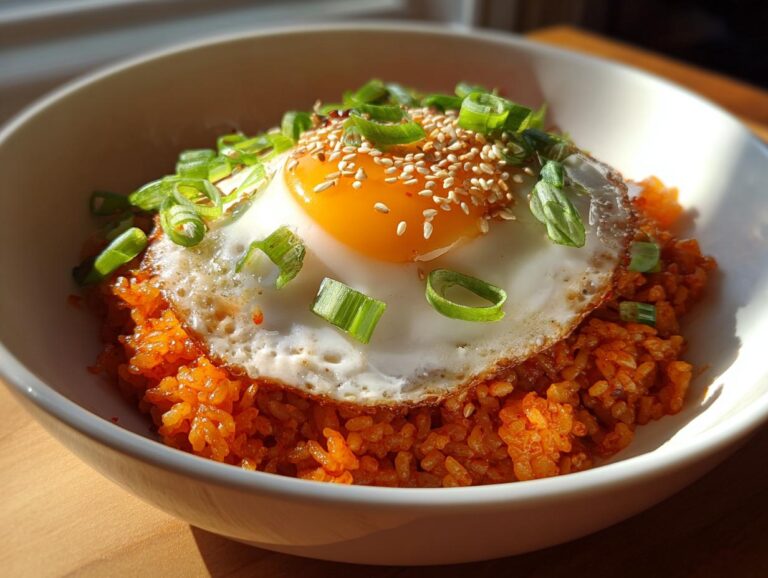 A close-up bowl of vibrant orange kimchi fried rice topped with a sunny-side-up egg, sesame seeds, and chopped green onions.