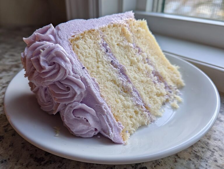 A close-up of a slice of moist lavender cake with light purple frosting piped into rosettes.