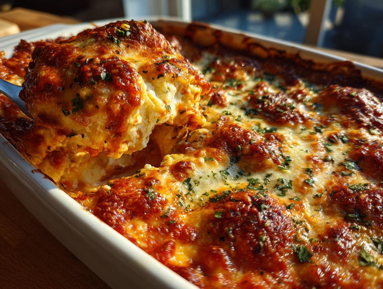 A serving spoon lifts a cheesy, saucy portion out of a baking dish of lazy lasagna, showing melted cheese and herbs.