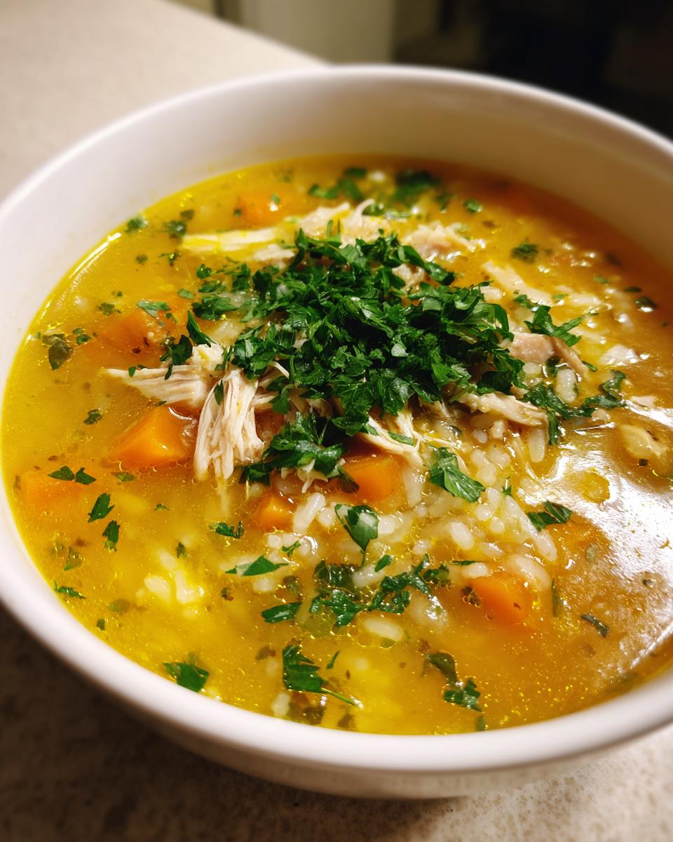 Close-up of a white bowl filled with vibrant yellow Lemon Ginger Turmeric Chicken and Rice Soup, topped with shredded chicken and fresh parsley.