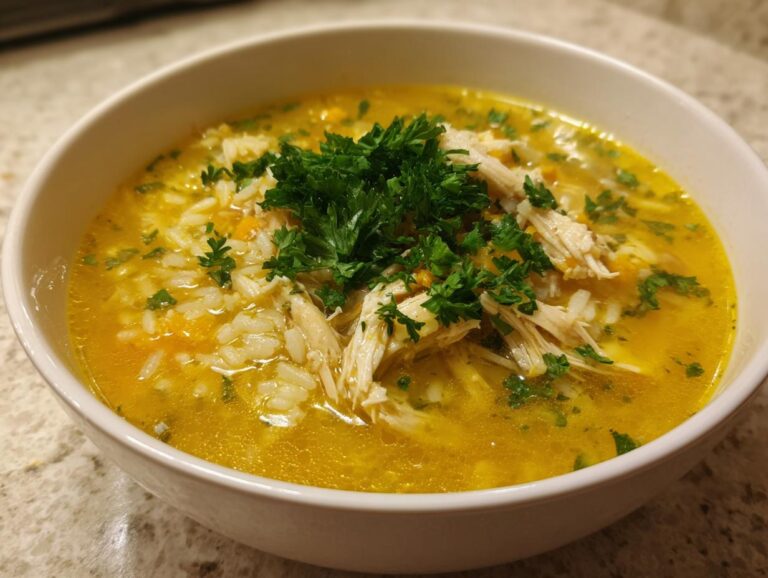 A close-up of Lemon Ginger Turmeric Chicken and Rice Soup in a white bowl, topped with shredded chicken and fresh parsley.