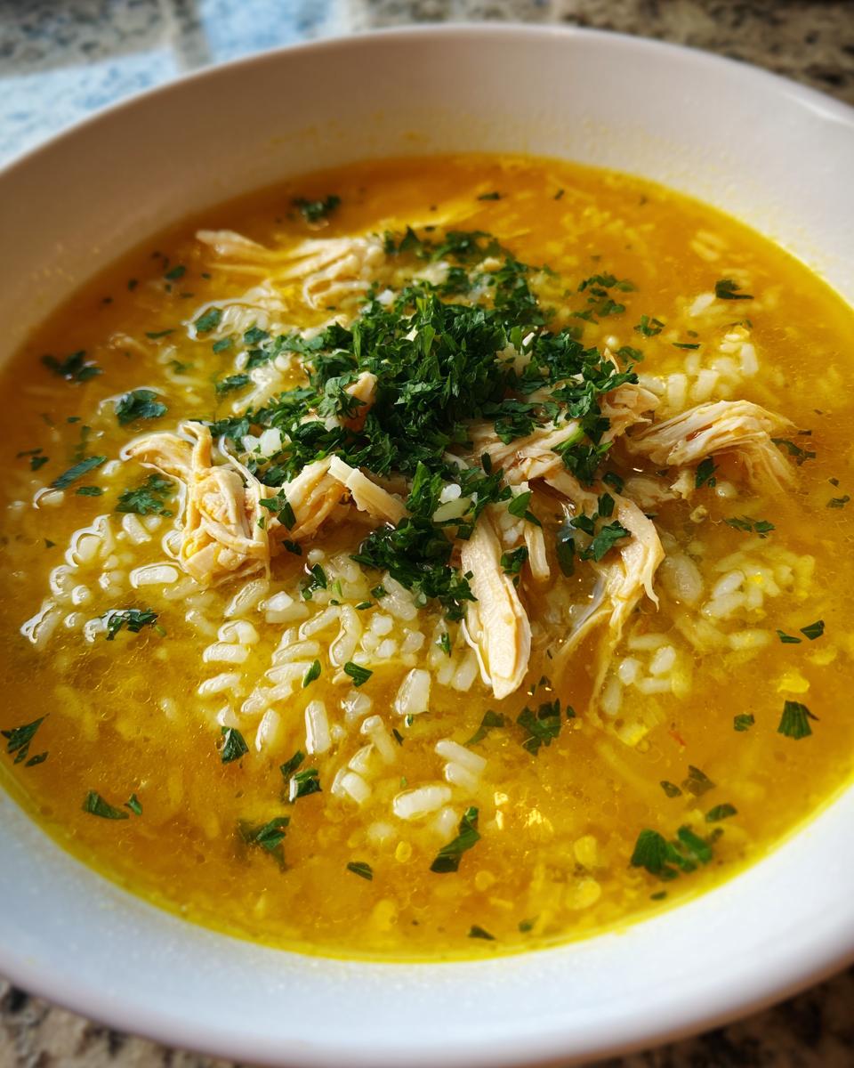 Close-up of a warm bowl of Lemon Ginger Turmeric Chicken and Rice Soup, topped with shredded chicken and fresh parsley.