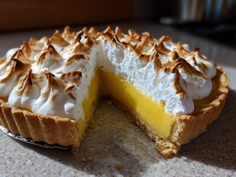 A close-up of a freshly baked lemon meringue pie with a slice removed, showing the bright yellow curd and tall, torched meringue peaks.