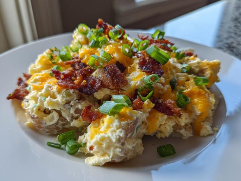 A serving of loaded baked potato salad topped with melted cheddar cheese, crispy bacon, and fresh green onions.