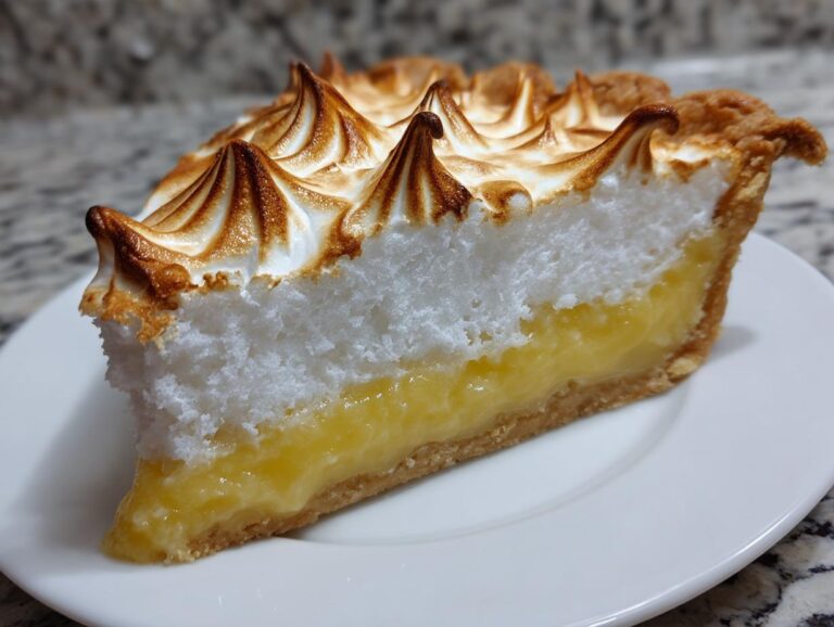 Close-up of a slice of lemon pie with thick, fluffy, torched meringue topping and bright yellow filling.