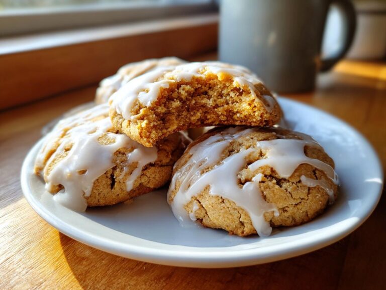 A stack of soft maple brown sugar cookies drizzled with white glaze, one cookie broken open to show the texture.