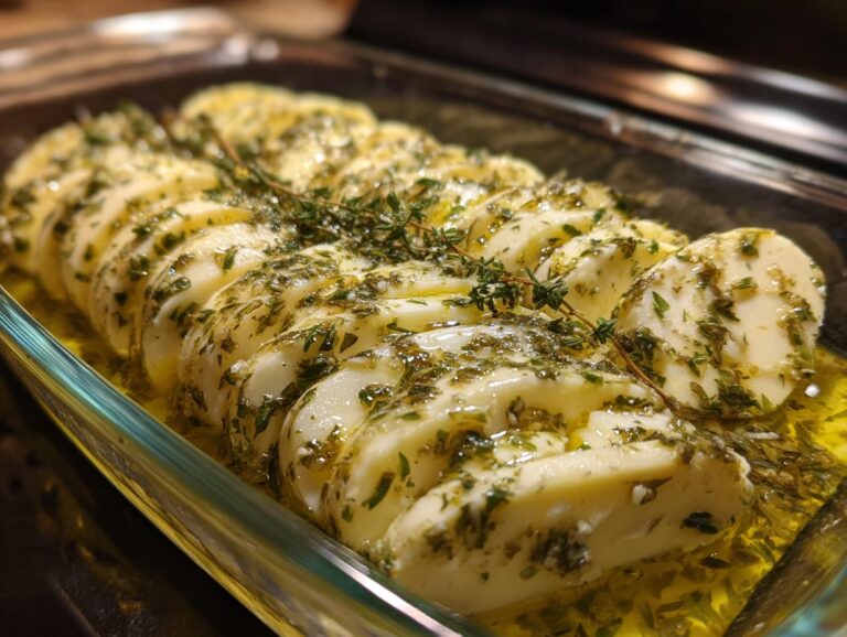 Close-up of sliced marinated cheese soaking in olive oil with fresh herbs like thyme and parsley.