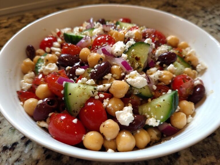 Close-up of a fresh Mediterranean bean salad featuring chickpeas, cherry tomatoes, cucumbers, olives, and feta cheese.