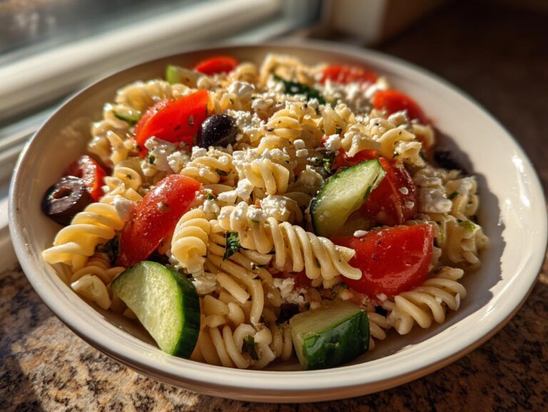 A close-up of a bowl filled with mediterranean pasta salad, featuring rotini pasta, bright red tomatoes, cucumbers, black olives, and crumbled feta cheese.