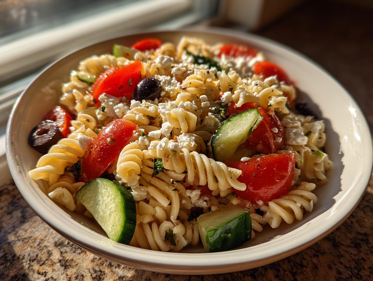 A close-up of a bowl filled with mediterranean pasta salad, featuring rotini pasta, bright red tomatoes, cucumbers, black olives, and crumbled feta cheese.