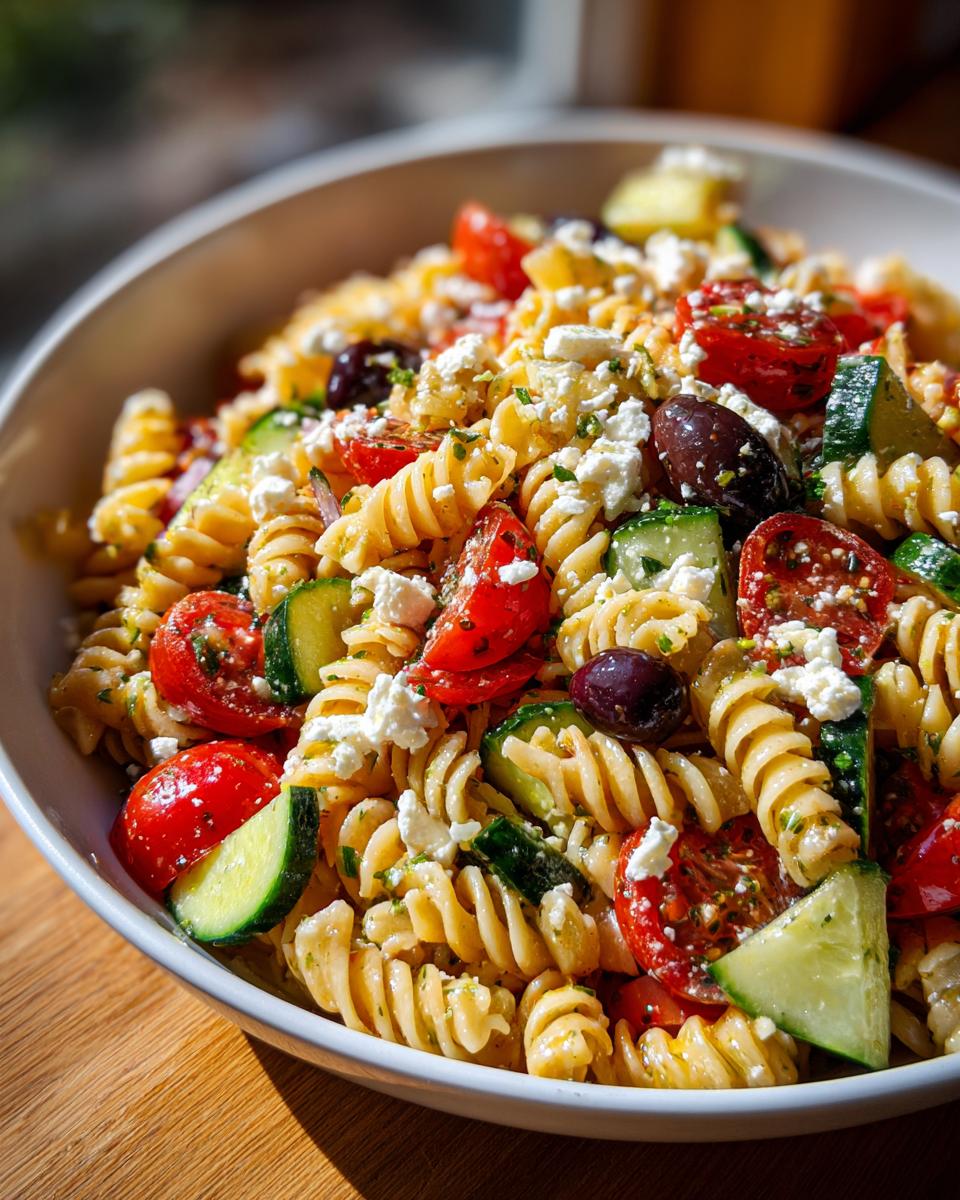 Close-up of a vibrant mediterranean pasta salad featuring rotini pasta, cherry tomatoes, cucumber, olives, and feta cheese.