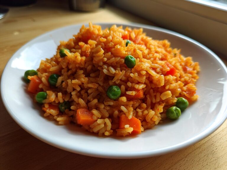 A close-up of a white plate piled high with vibrant orange Mexican rice recipe mixed with bright green peas and diced carrots.