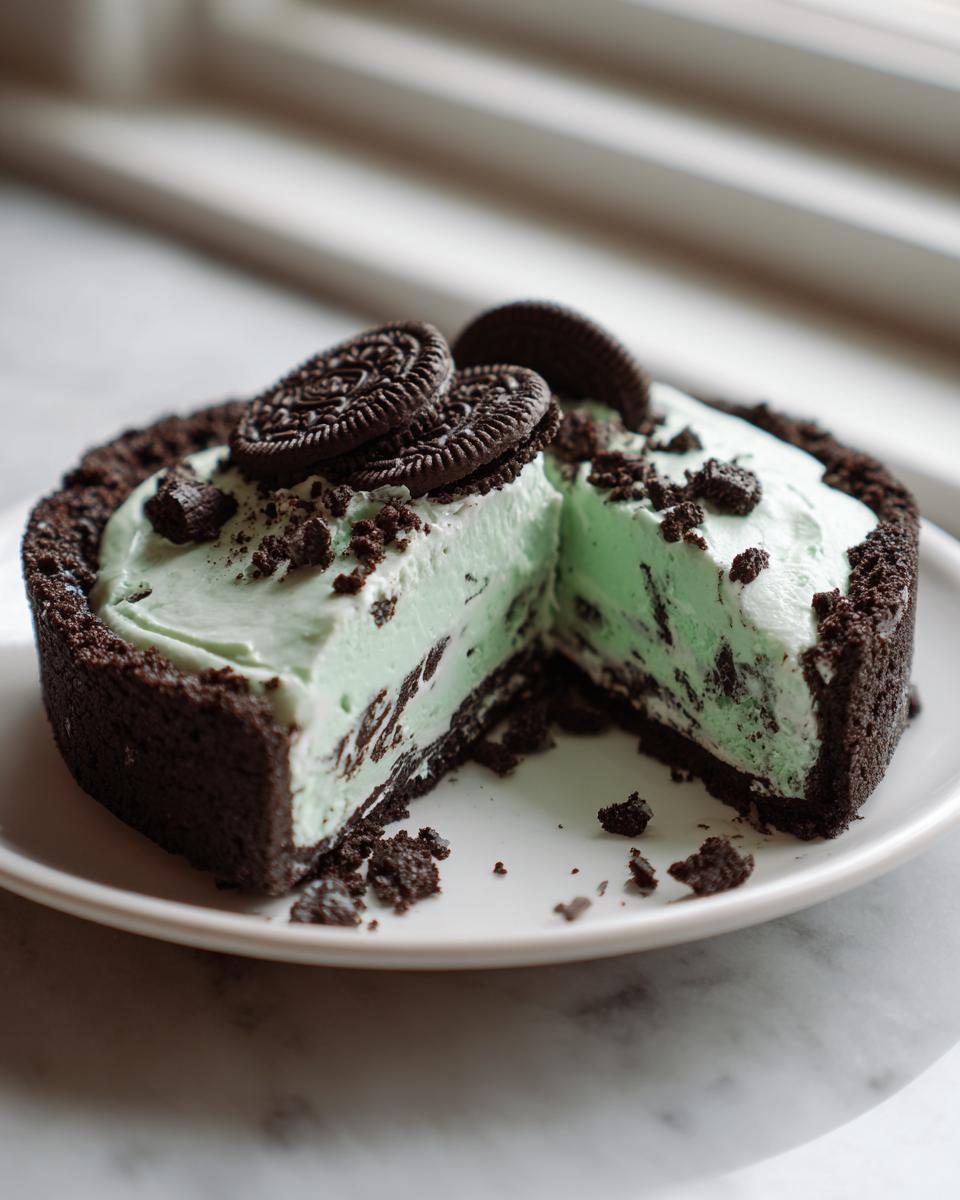 A slice of mint green grasshopper pie with a dark chocolate cookie crust, topped with Oreos.