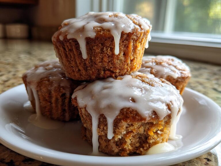 A stack of four moist carrot cake muffins generously topped with dripping cream cheese glaze on a white plate.