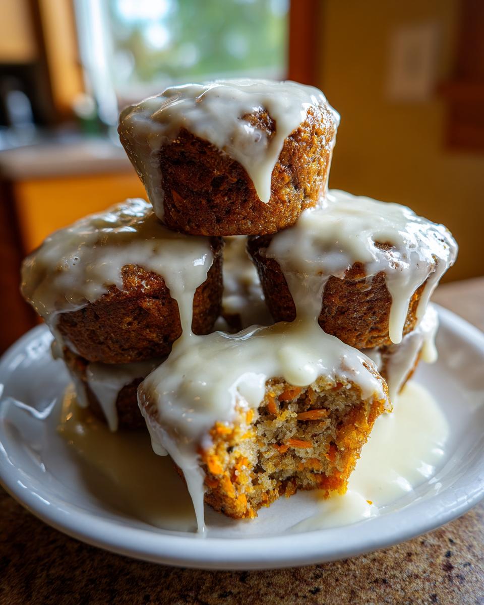 A stack of moist carrot cake muffins generously topped with dripping cream cheese glaze, one muffin showing a bite taken out.