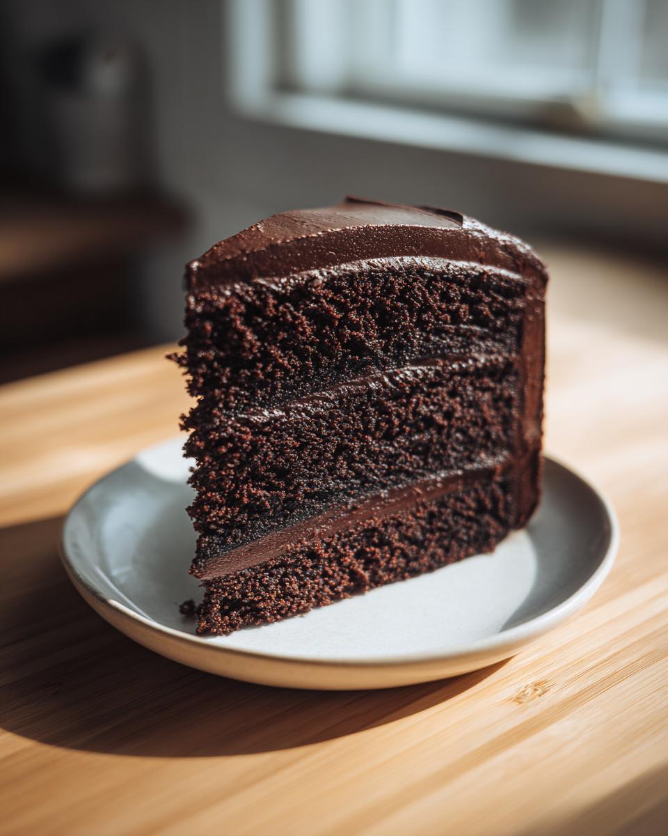 A tall, moist slice of dark chocolate fudge cake with three layers of cake and two layers of rich frosting, sitting on a small plate.