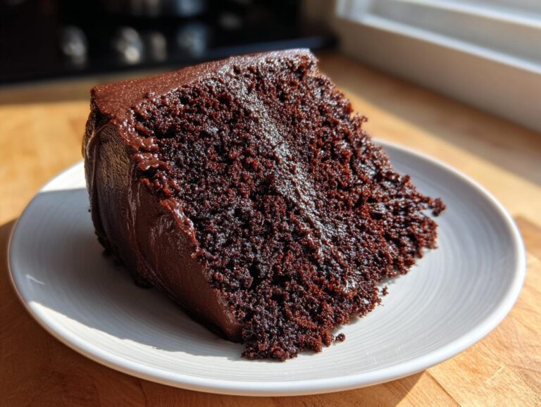 A close-up of a thick slice of moist chocolate fudge cake covered in rich, dark chocolate frosting.